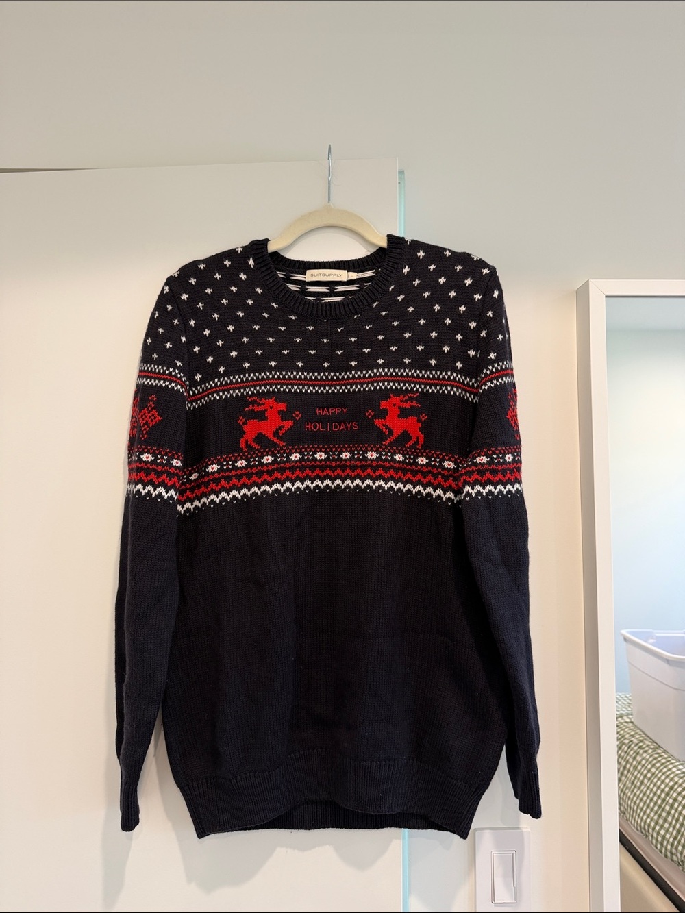 Suitsupply Navy Crewneck Sweater with Red and White Holiday Motif